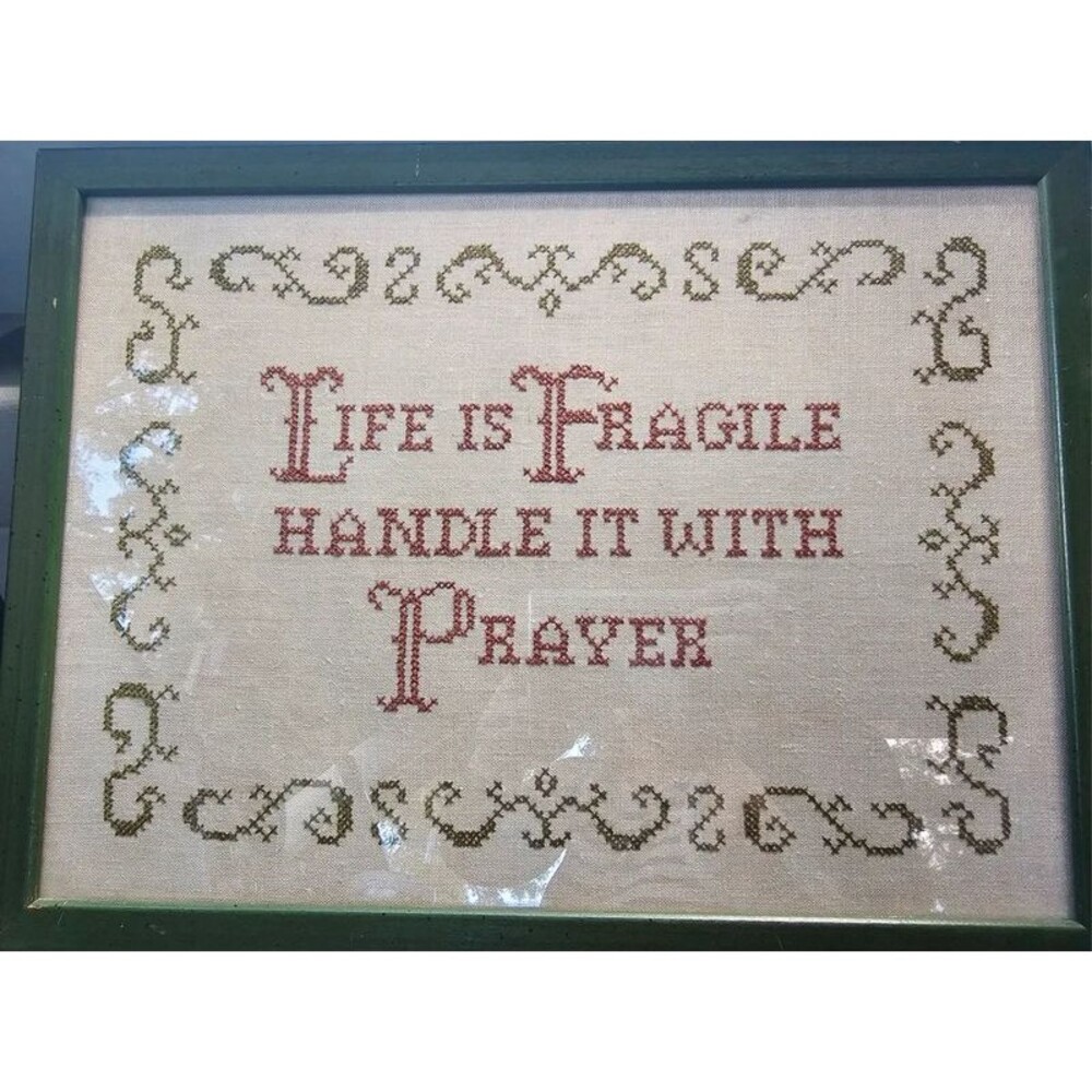 Vintage Cross Stitch Sampler Life Is Fragile Handle With Prayer Framed